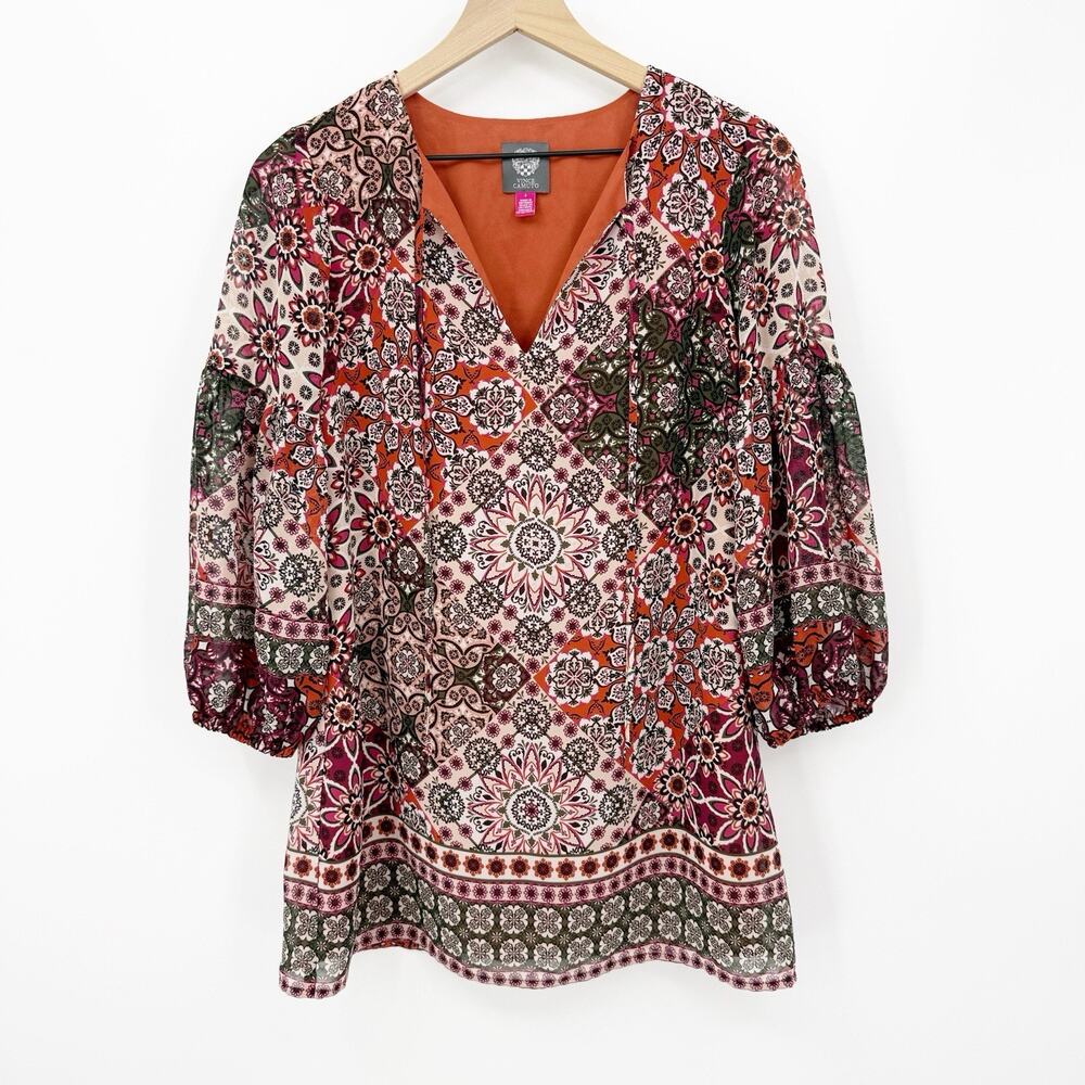 Vince Camuto Shift Mini Dress 4 V Neck Boho Mandala Patchwork Chiffon Artsy